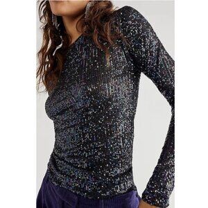 Free People Embellished Gold Rush Long Sleeve Top in Black Combo NEW SMALL